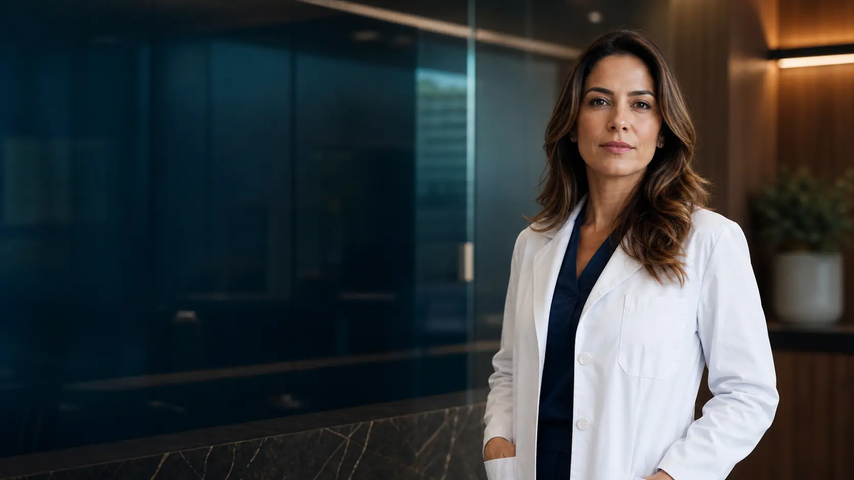 Médica em ambiente clínico contemporâneo